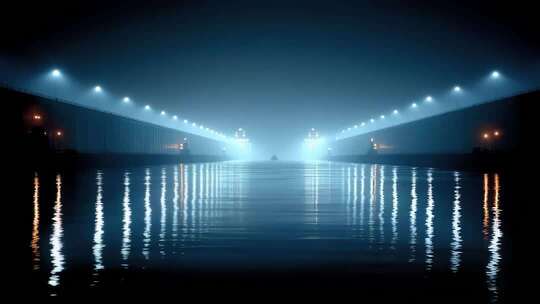 雾夜灯光映照下的航道运输