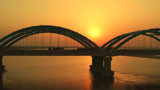 航拍高速公路大桥夕阳