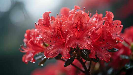 红色杜鹃花雨后带水珠清新特写视频