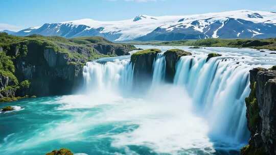 雪山下壮观的自然瀑布景观