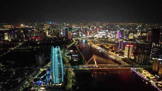 浙江宁波城市夜景灯光航拍