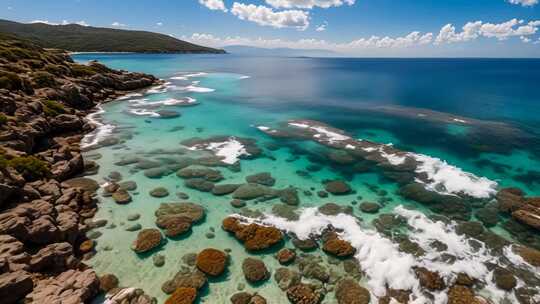 海岸边清澈海水与礁石景观