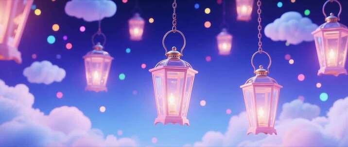梦幻云端悬挂发光灯笼素材