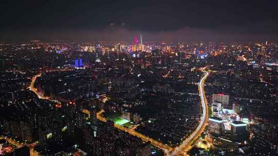 航拍上海摩天大楼陆家嘴城市夜景内透