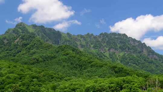 蓝天白云下的葱郁山林风景