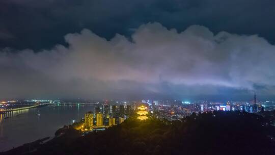 航拍鄂州城市夜景西山武昌楼