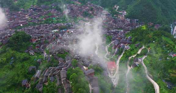 贵州千户苗寨清晨云雾缭绕航拍影像合集