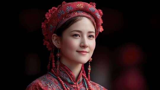 蒙古族少女身着传统服饰温婉一笑