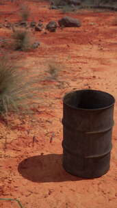 沙子上的旧空生锈桶