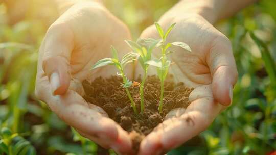 4K双手呵护新芽土壤嫩芽新生命培育