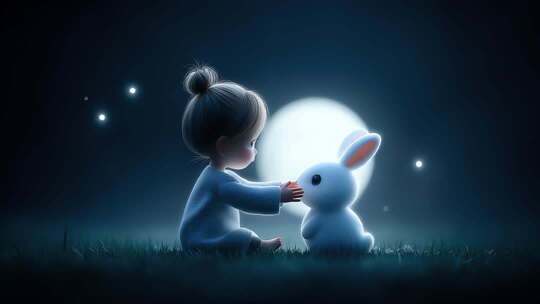 月夜下女孩与兔子温馨相伴