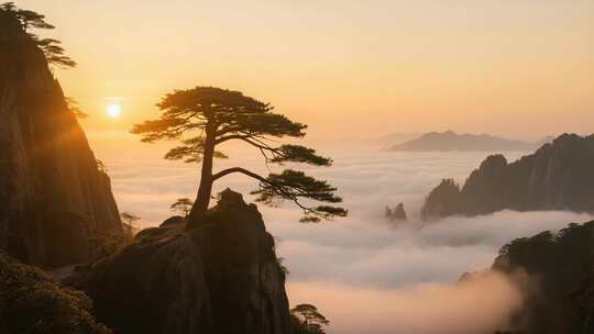 航拍黄山迎客松日出延时摄影黄山云海日出