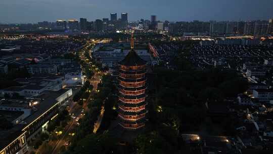 苏州古城报恩寺北寺塔景区夜景（航拍运镜）