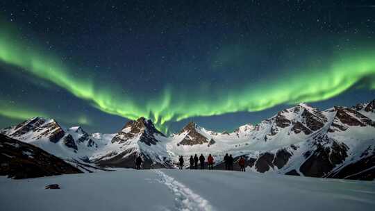 雪山极光下的人群景观