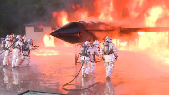 消防队员在模拟飞机失事中与一场激烈的化学火灾战斗