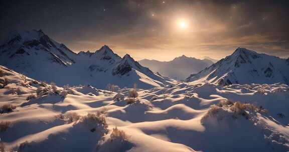 雪山月夜自然风光