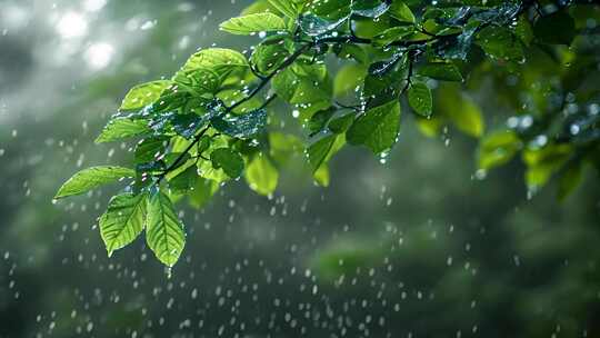 树叶子下雨天雨水水滴雨季ai素材原创户外