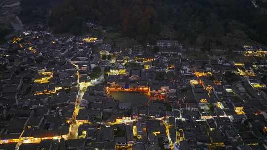 安徽黄山宏村徽派建筑群秋色日落夜景航拍