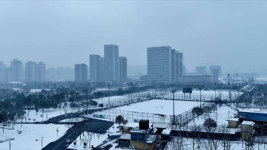 航拍银装素裹城市雪景长沙雪景