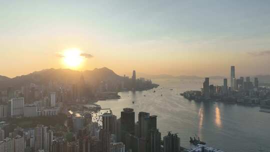 香港大景航拍维多利亚港太平山日落海湾风光