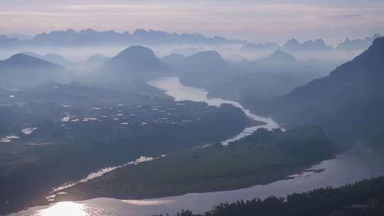 桂林山水水墨漓江航拍延时