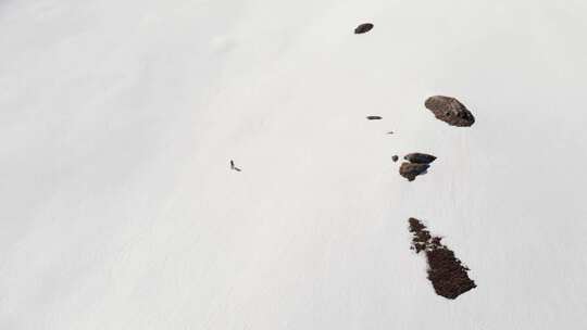 空中：飞过徒步旅行者走向白雪皑皑的山顶，滑雪旅游登山雪