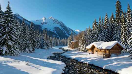 冬日雪山森林木屋溪流风景