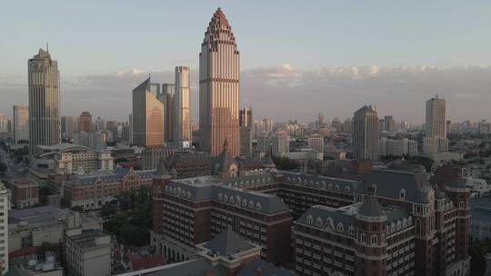 航拍天津城市晚霞夜景