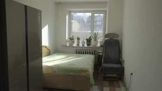 阳光照进放着绿植按摩椅床冰箱的卧室
