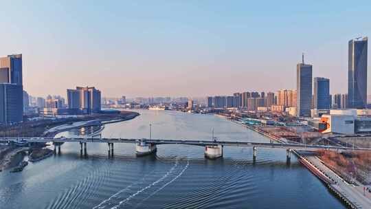 航拍天津海河开启桥