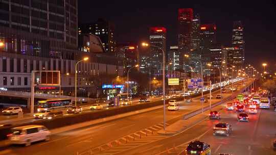 北京东三环国贸桥晚高峰车流城市夜景