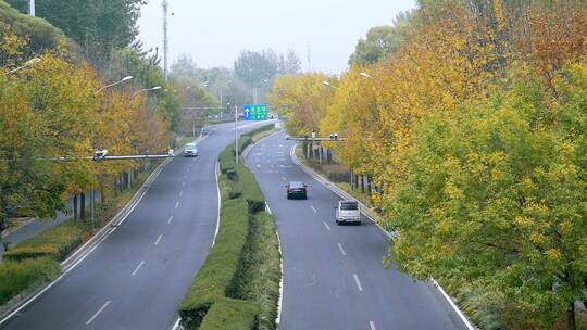 北京五彩的秋天蜿蜒曲折的公路和行驶的汽车