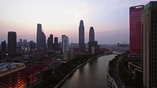 天津海河建筑风景线日落城市风光航拍