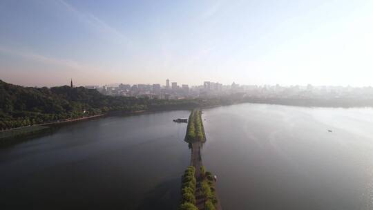 杭州西湖风景区夕阳下航拍