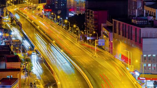武汉城市晚高峰高架桥路灯下车流慢门延时4k