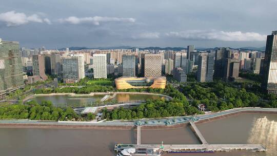 钱塘江上航拍杭州滨江城区现代城市建筑