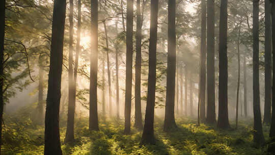清晨的森林光影和晨雾