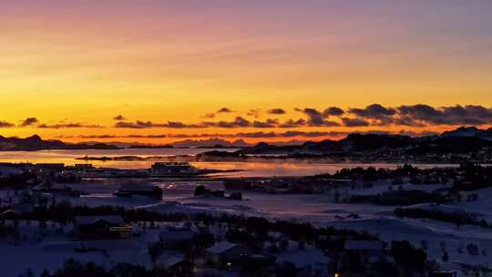 挪威罗弗敦群岛北极圈雷纳冬季雪景高空航拍