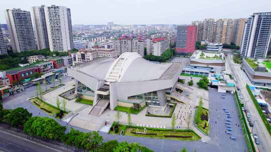 四川省体育馆白昼航拍城市风光