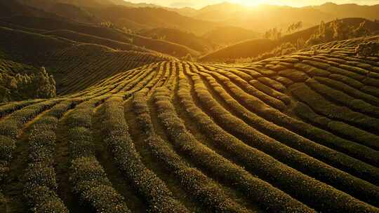 夕阳下的连绵茶山风景