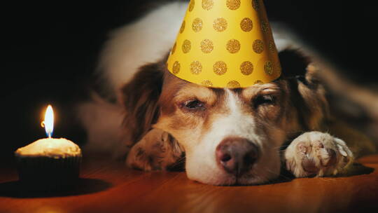 狗狗戴着生日帽趴在桌子上