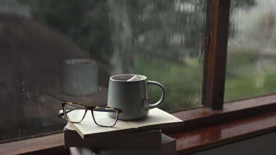 意境-下雨的窗台上放着热气腾腾的咖啡