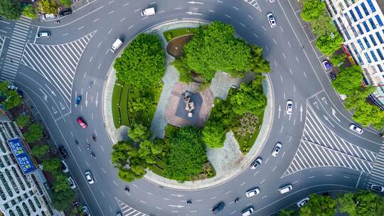 俯拍云浮城市圆形交通转盘延时