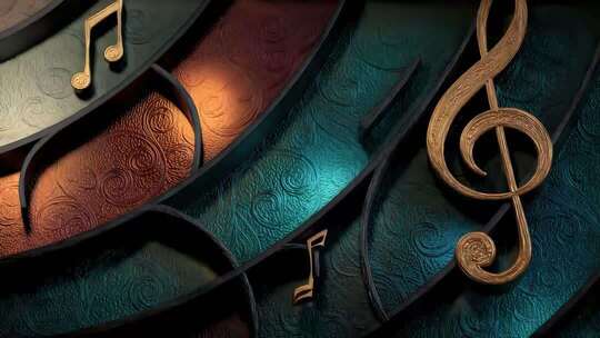 金色音符在彩色玻璃上的艺术呈现