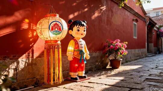 古巷中式卡通人偶与灯笼景观