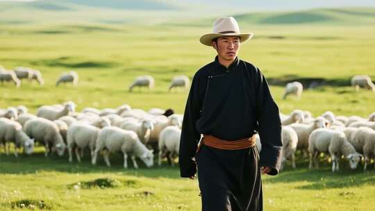 草原牧羊人放牧场景