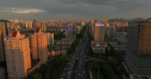 杭州城市交通中河高架环城北路夕阳航拍