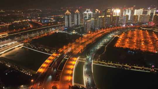 航拍河南郑州如意文化广场城市夜景风光