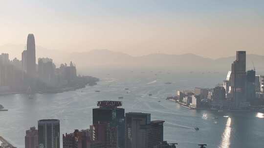 香港维多利亚港清晨航拍