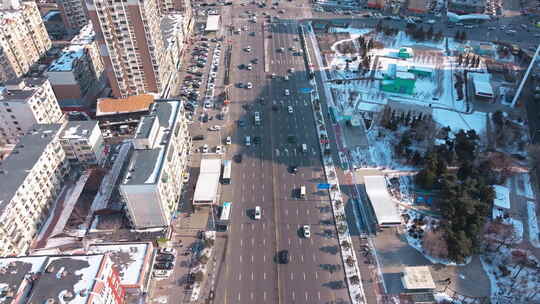 辽宁沈阳皇姑区崇山路一环冬季城市雪景航拍